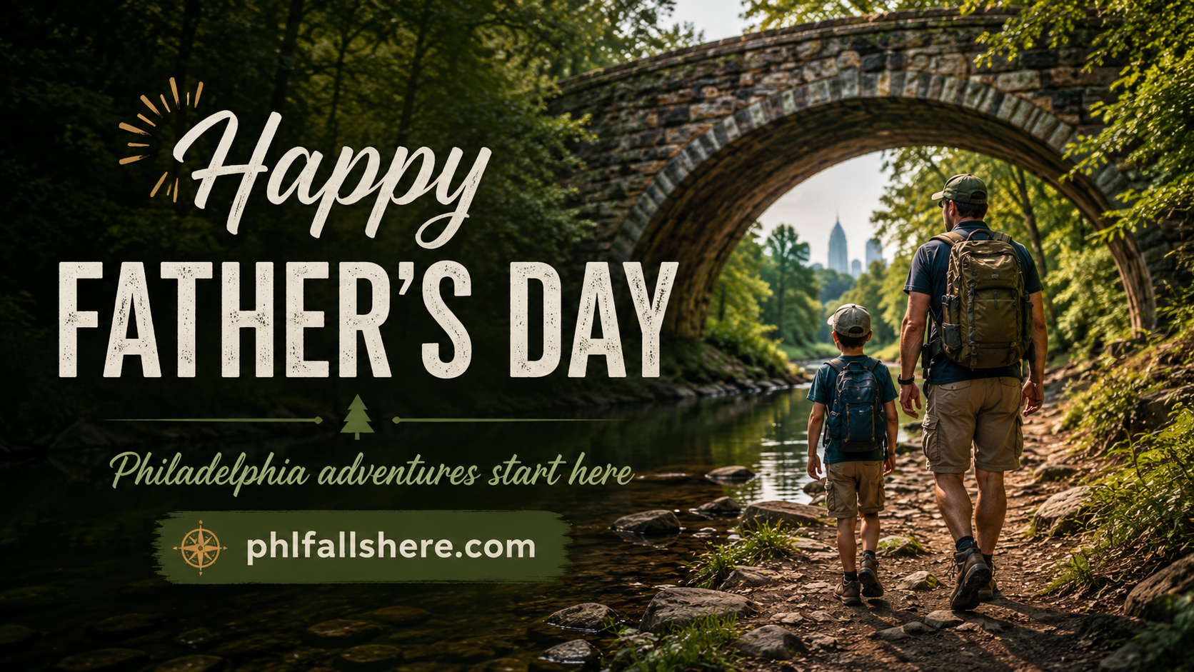 Happy Father's Day Philadelphia Falls Here graphic with a father and child walking under a stone bridge.